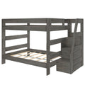 Gray wood twin-over-full bunk bed with built-in storage staircase, slatted mattress platform, safety guardrails and modern farmhouse finish