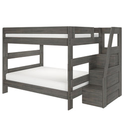 Twin-over-full gray wooden bunk bed with built-in storage staircase and safety guardrails, space-saving modern farmhouse kids' bedroom furniture
