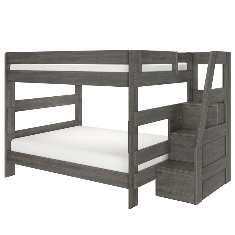 Twin-over-full gray wooden bunk bed with built-in storage staircase and safety guardrails, space-saving modern farmhouse kids' bedroom furniture