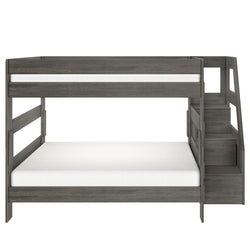 Gray wood twin-over-full bunk bed with built-in staircase and storage drawers, modern platform design for kids and teens