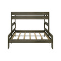 Gray wood twin-over-full bunk bed frame with slatted platform bases and safety rails, modern space-saving bedroom furniture