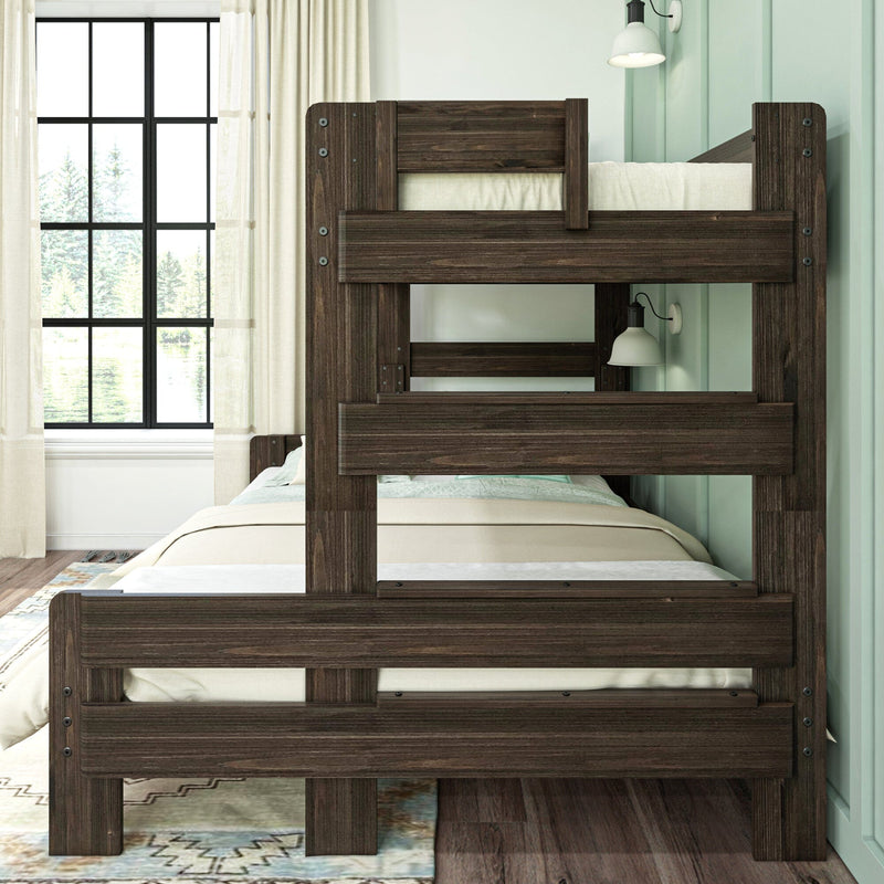 Dark wood twin-over-twin bunk bed in bright bedroom with black-framed window, white curtains, wall lamp and neutral bedding, modern farmhouse style