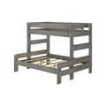 Gray wooden twin-over-full bunk bed frame with slatted platform, guardrails and ladder, space-saving sturdy kids' bedroom furniture