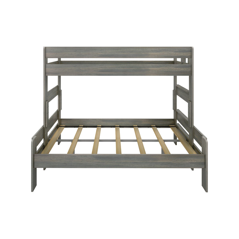Gray wooden bunk bed with lower platform and upper bunk, slatted mattress support, modern space-saving kids' bedroom furniture
