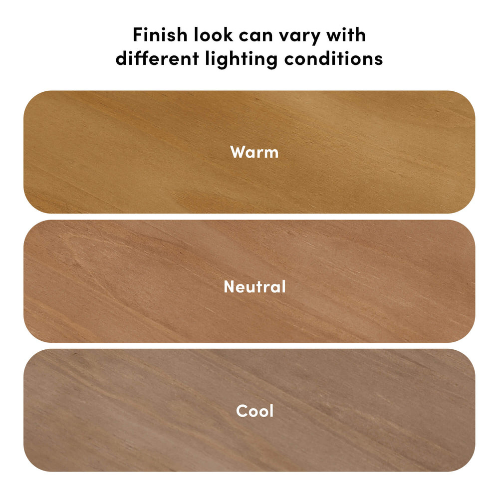 Wood finish color variations: warm, neutral, and cool tones under different lighting conditions.