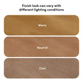 Wood floor finish comparison showing warm, neutral, and cool wood swatches with rounded corners and the caption "Finish look can vary with different lighting conditions" — wood flooring color samples for lighting and finish selection