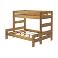 Solid wood bunk bed frame with top guard rails and slatted mattress supports in natural oak finish