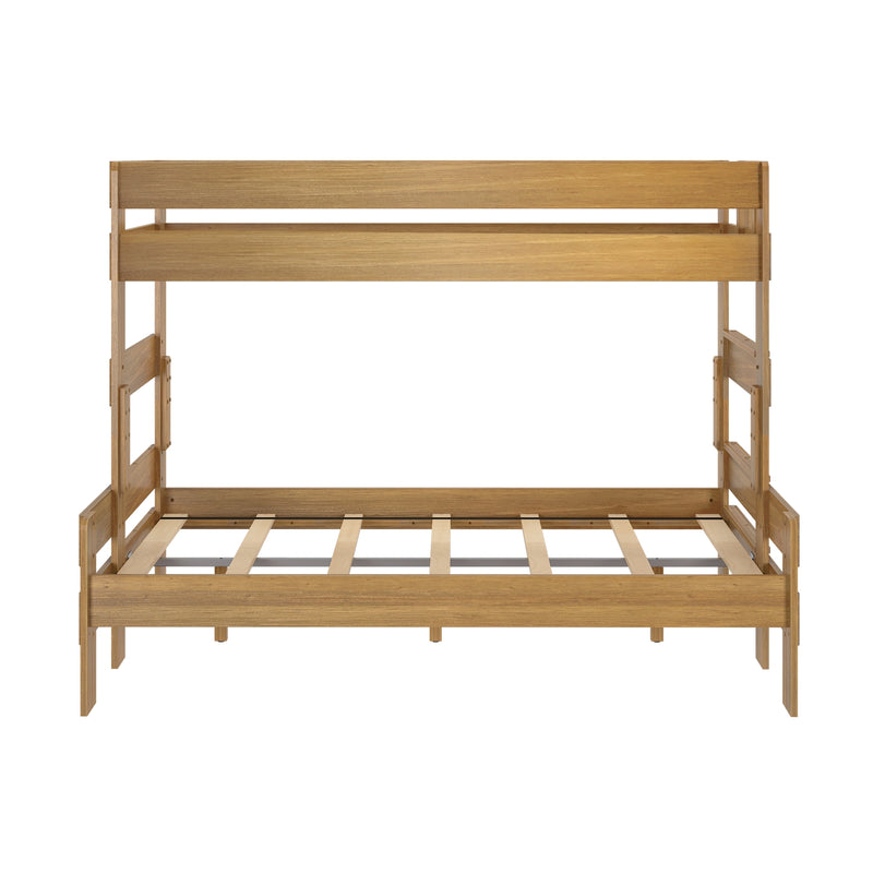 Oak-finish wooden bunk bed frame with slatted platform and guardrails, sturdy loft bed for kids