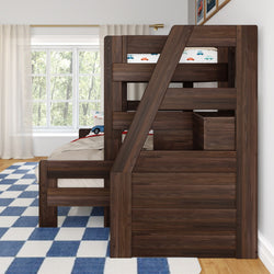 Dark wood twin-over-twin bunk bed in a children's bedroom with car-print bedding, blue-and-white checkered rug, hardwood floor and large window with sheer curtains