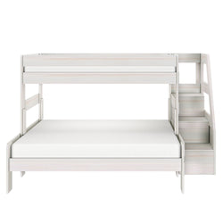 White wooden twin-over-full bunk bed with built-in staircase storage drawers, space-saving modern children's bedroom furniture