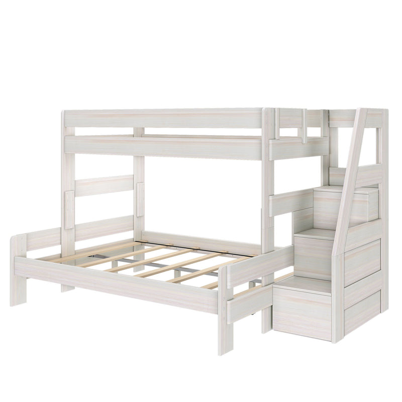 Whitewashed wooden loft bunk bed with ladder, built-in storage stairs, guardrails and slatted platform frame for kids' bedroom