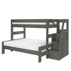 Gray wood twin-over-full bunk bed with built-in storage staircase, safety rails and space-saving design for kids' bedroom