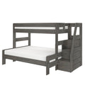 Gray wooden twin-over-full bunk bed with built-in staircase storage drawers, guardrails and white mattresses — modern space-saving loft bed for kids' bedrooms
