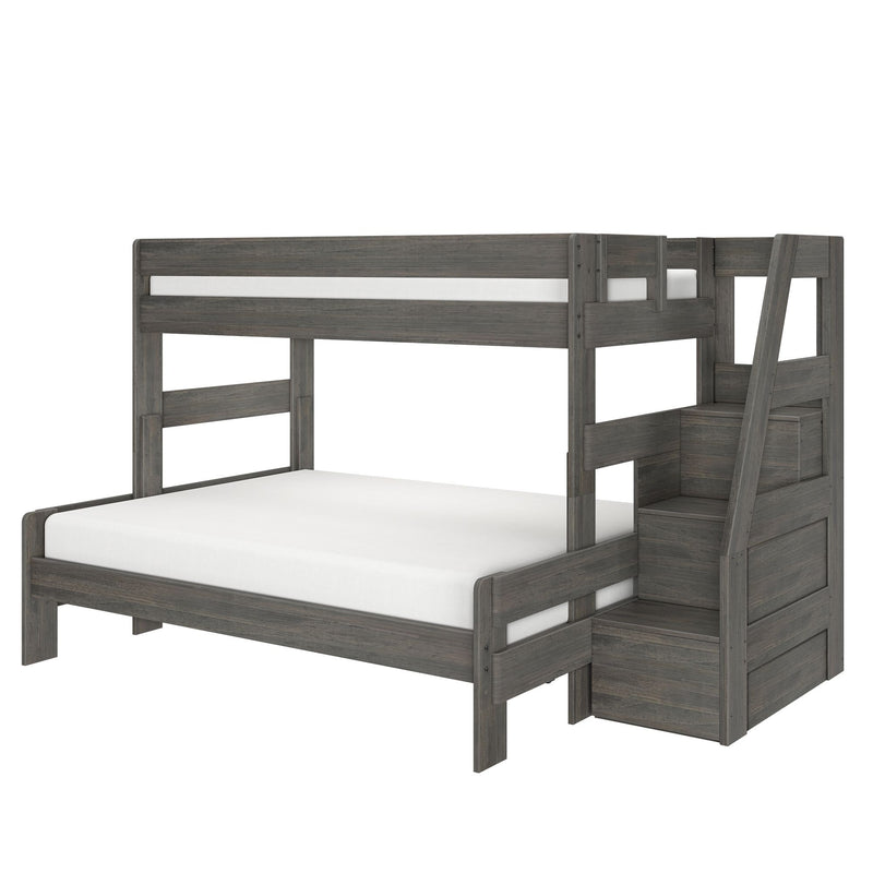 Gray wooden twin-over-full bunk bed with built-in staircase storage drawers, guardrails and white mattresses — modern space-saving loft bed for kids' bedrooms