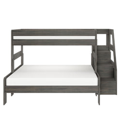 Gray wood twin-over-full bunk bed with lower full platform and upper twin, safety rails and right-side staircase with built-in storage steps, space-saving modern kids' bed