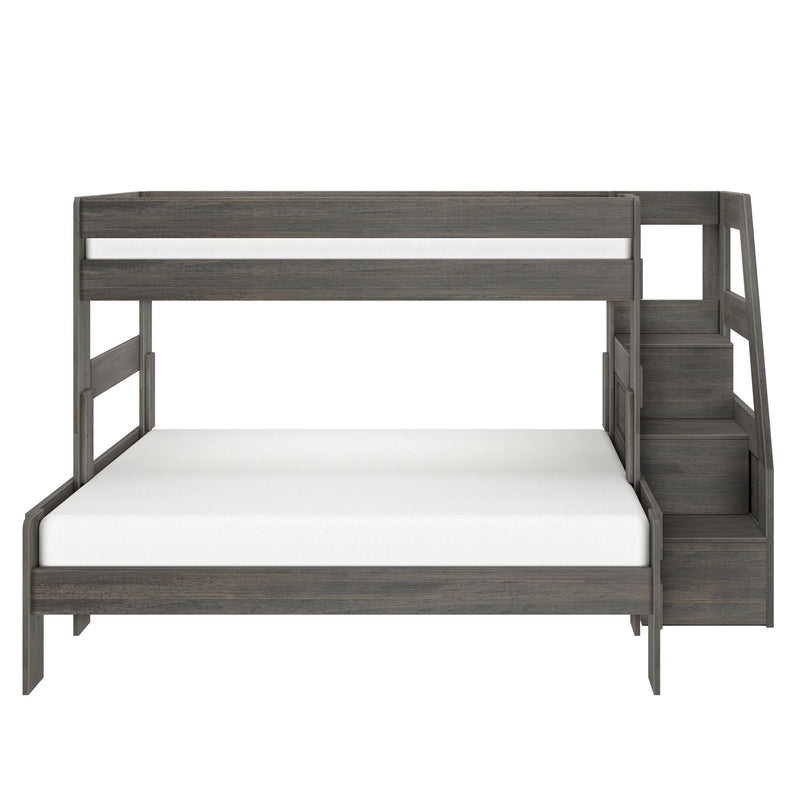 Gray wood twin-over-full bunk bed with lower full platform and upper twin, safety rails and right-side staircase with built-in storage steps, space-saving modern kids' bed