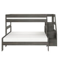 Gray wood twin-over-full bunk bed with staircase storage and built-in drawers, modern loft bed for kids