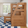 Solid wood kids bunk bed with ladder and storage drawers, car-print bedding, blue checkered rug and sheer curtains