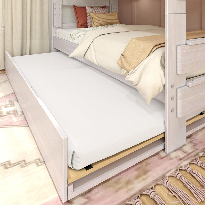 Wooden bunk bed with pull-out trundle in a cozy bedroom setup.