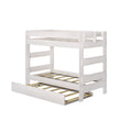 White wooden twin-over-twin bunk bed with guardrails, ladder and pull-out trundle, slatted platform, minimalist kids’ bedroom furniture