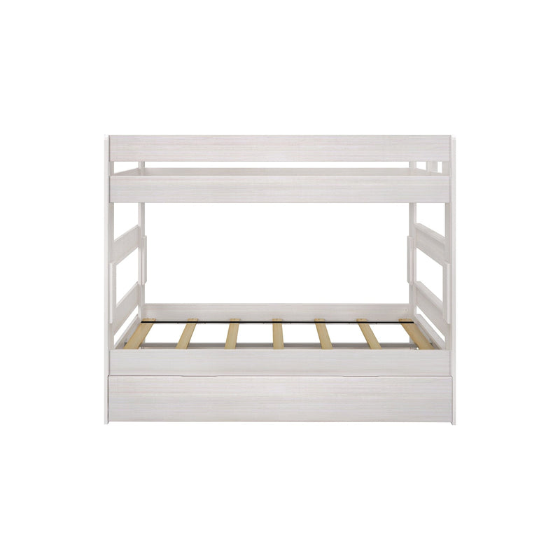 White wooden bunk bed frame with ladder, ideal for children's bedroom furniture.