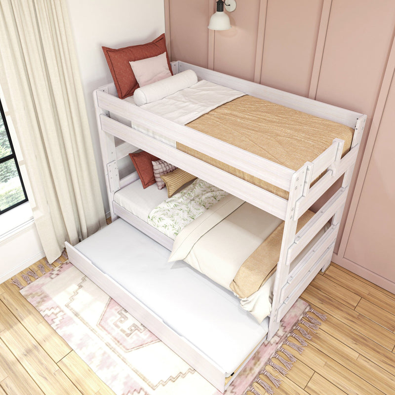 Triple bunk bed with trundle in modern bedroom, featuring white wood frame and colorful pillows.