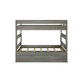 Gray wood loft bunk bed frame with slatted mattress supports, safety rails and ladder in rustic finish — space-saving kids' bed