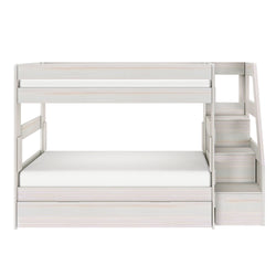 White wooden bunk bed with staircase, built-in storage drawers and pull-out trundle, modern space-saving kids' bedroom furniture