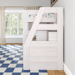 White wooden kids bunk bed with ladder and built-in storage, car-print bedding in bright children's bedroom with large window and blue checkered rug
