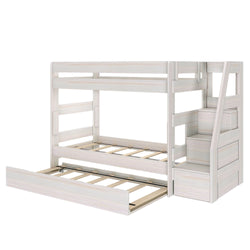 White wooden twin-over-full bunk bed with pull-out trundle and staircase storage drawers, space-saving kids bedroom furniture