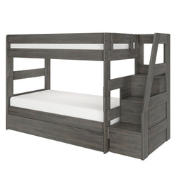 Gray wood twin-over-full bunk bed with built-in staircase storage drawers, modern farmhouse space-saving kids' bedroom furniture