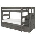 Gray wooden bunk bed with built-in staircase storage drawers, sturdy guardrails and under-bed storage in a rustic weathered finish