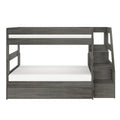 Gray wooden twin-over-full bunk bed with built-in staircase and storage drawers, modern space-saving platform bed for kids' bedrooms and guest rooms