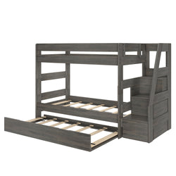 Gray wooden bunk bed with built-in staircase storage and pull-out trundle, modern kids' bedroom furniture
