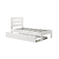 White wooden twin bed frame with slatted headboard and pull-out under-bed storage drawer, modern minimalist bedroom furniture
