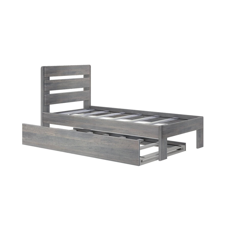 Wooden platform bed frame with storage drawers in modern gray finish.