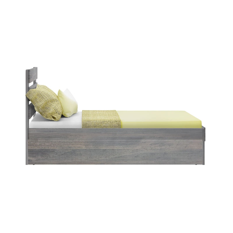 Modern gray wooden bed with yellow bedding and pillows on a white background.