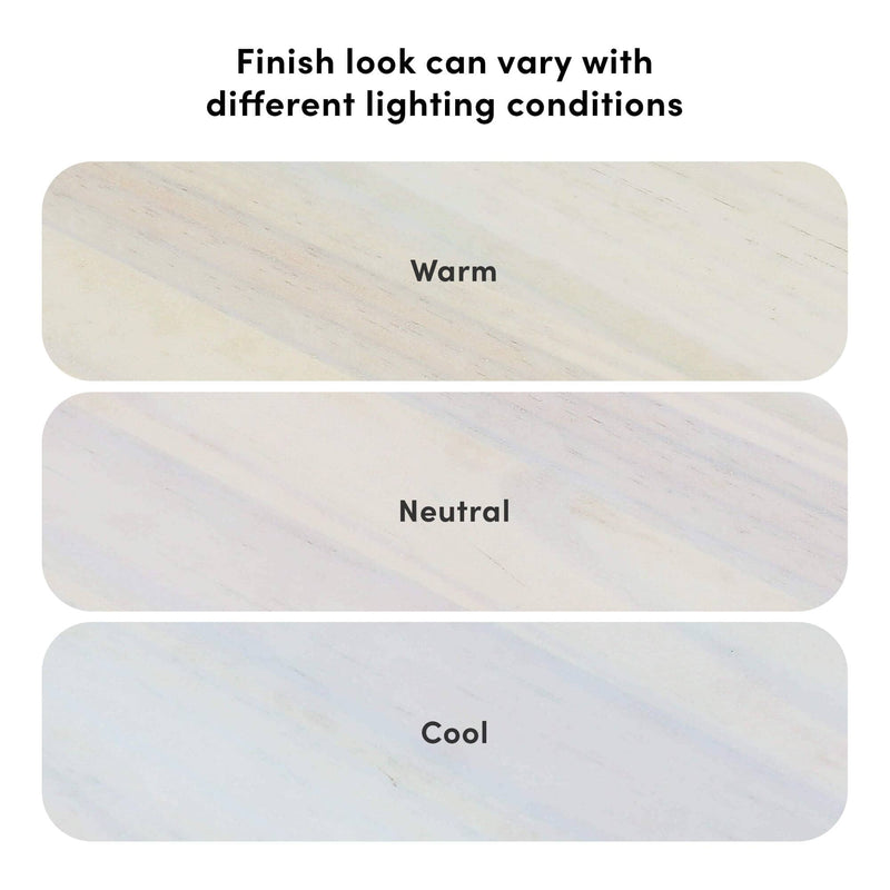 Wood finish samples in warm, neutral, and cool tones under different lighting conditions.