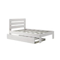 White wood-grain platform bed with slatted headboard and pull-out under-bed storage drawer, modern minimalist bedroom furniture