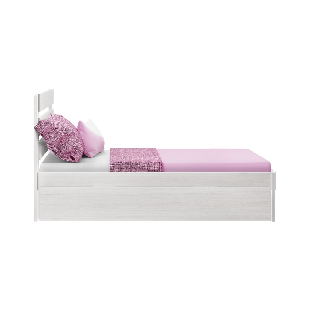 White wooden bed frame with pink bedding and pillows, ideal for modern bedroom decor.