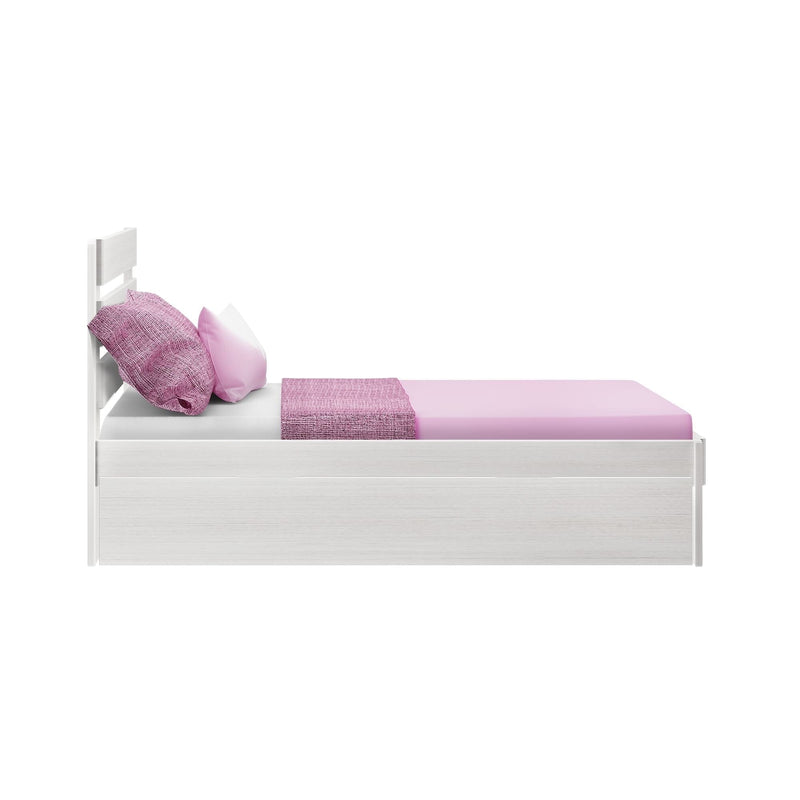 White wooden twin bed with headboard and under-bed storage drawer, pink fitted sheet, patterned throw and decorative pillows, modern minimalist bedroom furniture