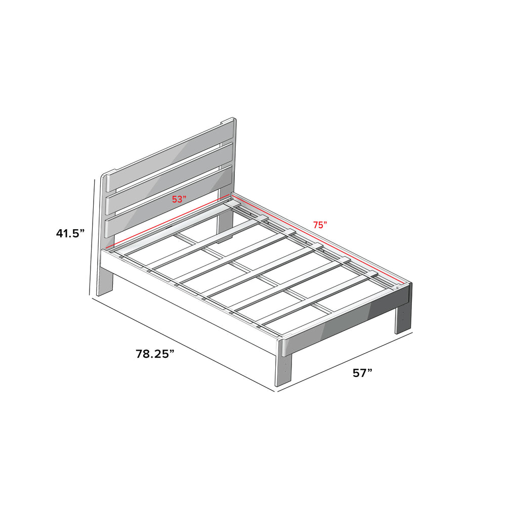 Illustration of a wooden bed frame with dimensions: 53 inches wide, 75 inches long, headboard 41.5 inches tall, side length 78.25 inches, width 57 inches.