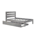 Gray wooden platform bed frame with slatted headboard, mattress support slats, and built-in under-bed storage drawer — modern rustic bedroom furniture