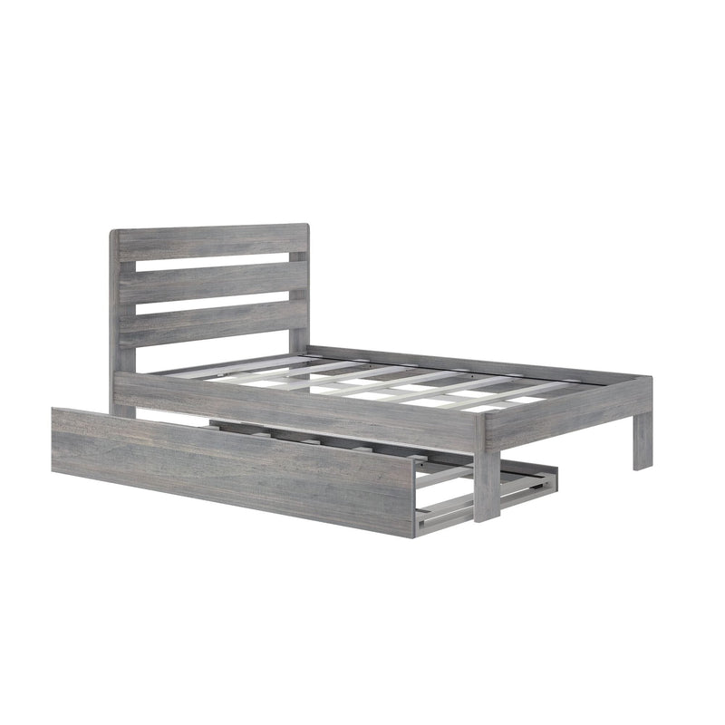 Gray wooden platform bed frame with slatted headboard, mattress support slats, and built-in under-bed storage drawer — modern rustic bedroom furniture