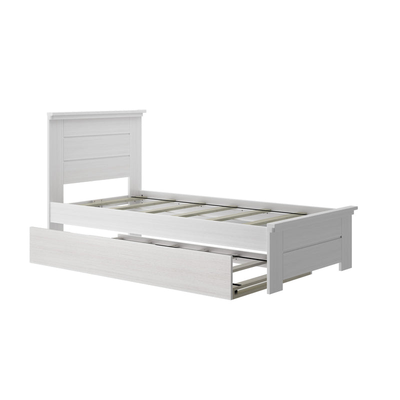 White wooden bed frame with storage drawer, modern bedroom furniture.