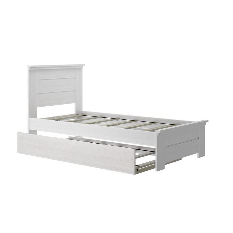 White wooden twin platform bed frame with slatted base, paneled headboard and footboard, and pull-out under-bed storage drawer in whitewash finish