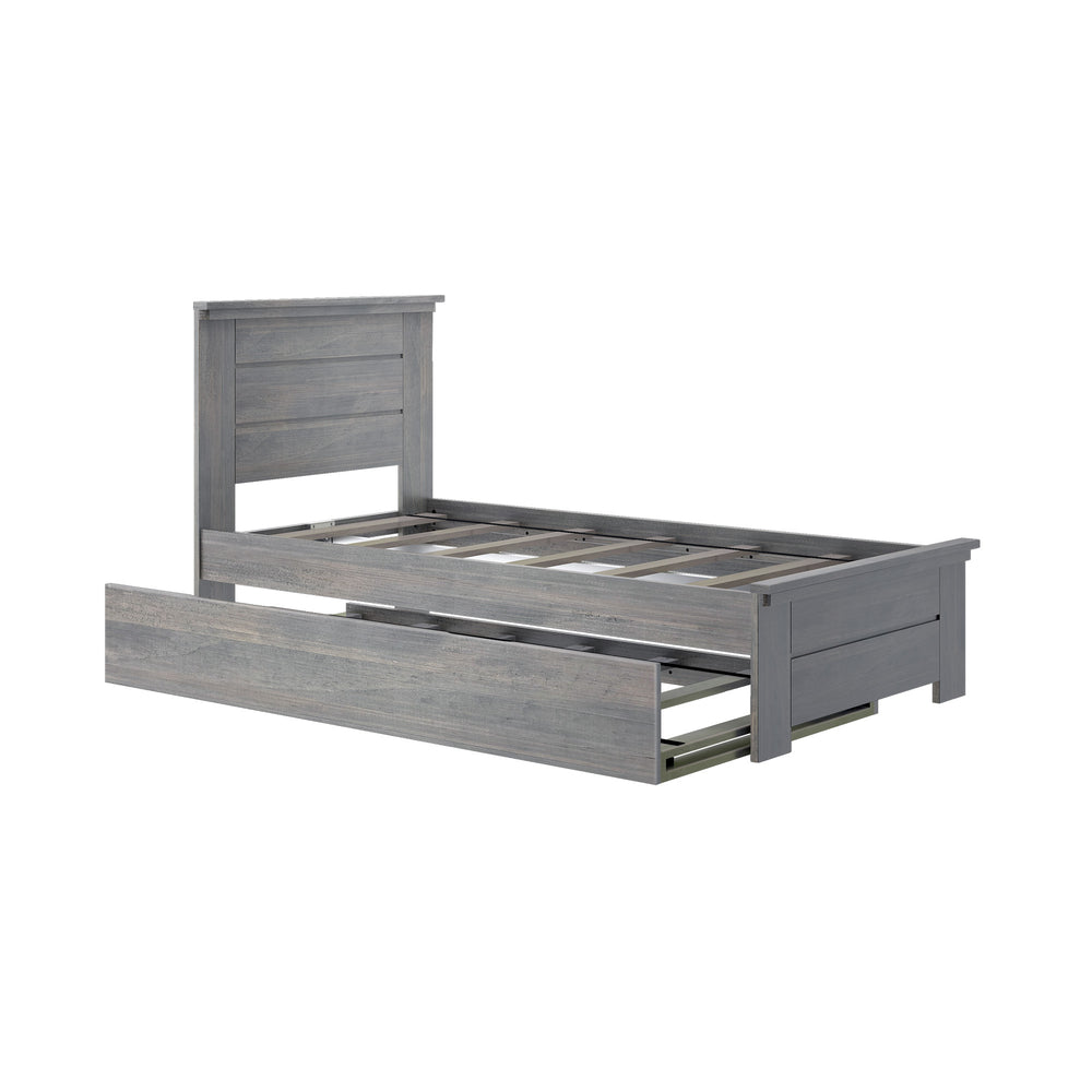 Gray wooden bed frame with storage drawer for modern bedroom furniture.