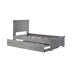 Gray wooden bed frame with storage drawer for modern bedroom furniture.