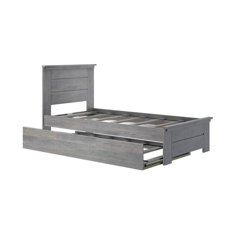 Gray wooden bed frame with storage drawer for modern bedroom furniture.