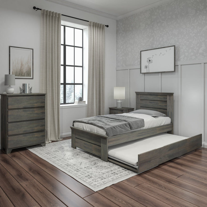 Rustic gray wooden twin bed with pull-out trundle and matching dresser and nightstand in modern farmhouse bedroom with black-framed window, neutral curtains, hardwood floors, table lamp and patterned area rug